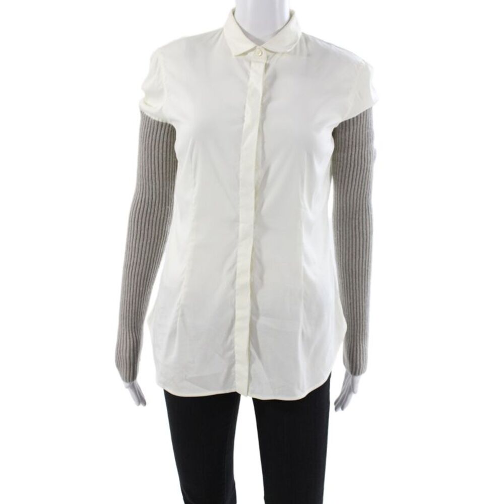 Rivamonti Women Collared Cotton Button Up Blouse Ivory Long Sleeve Size M